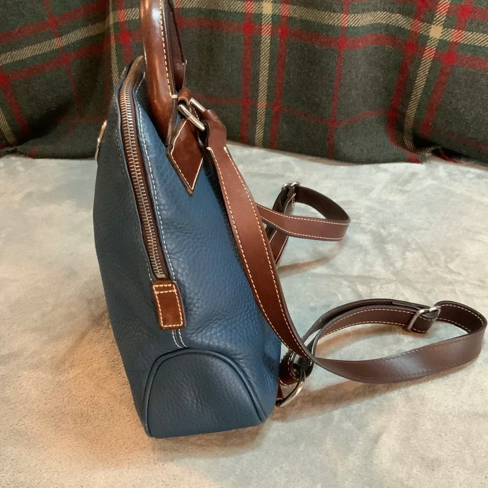 Dooney & Bourke Pebbled Leather Backpack Slate Blue Brown Trim Dome Bag